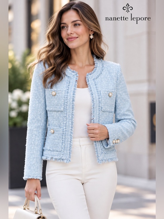 Nanette Lepore Jackets & Blazers - NWT Nanette Lepore Light Blue Tweed
Fringe Jacket Pearl Buttons.
